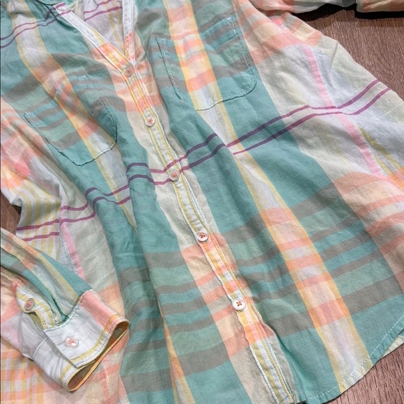 HOLDING HORSES  Size 2 Multicolor Plaid Button Down Shirt V Neck Long Sleeve - Picture 6 of 12